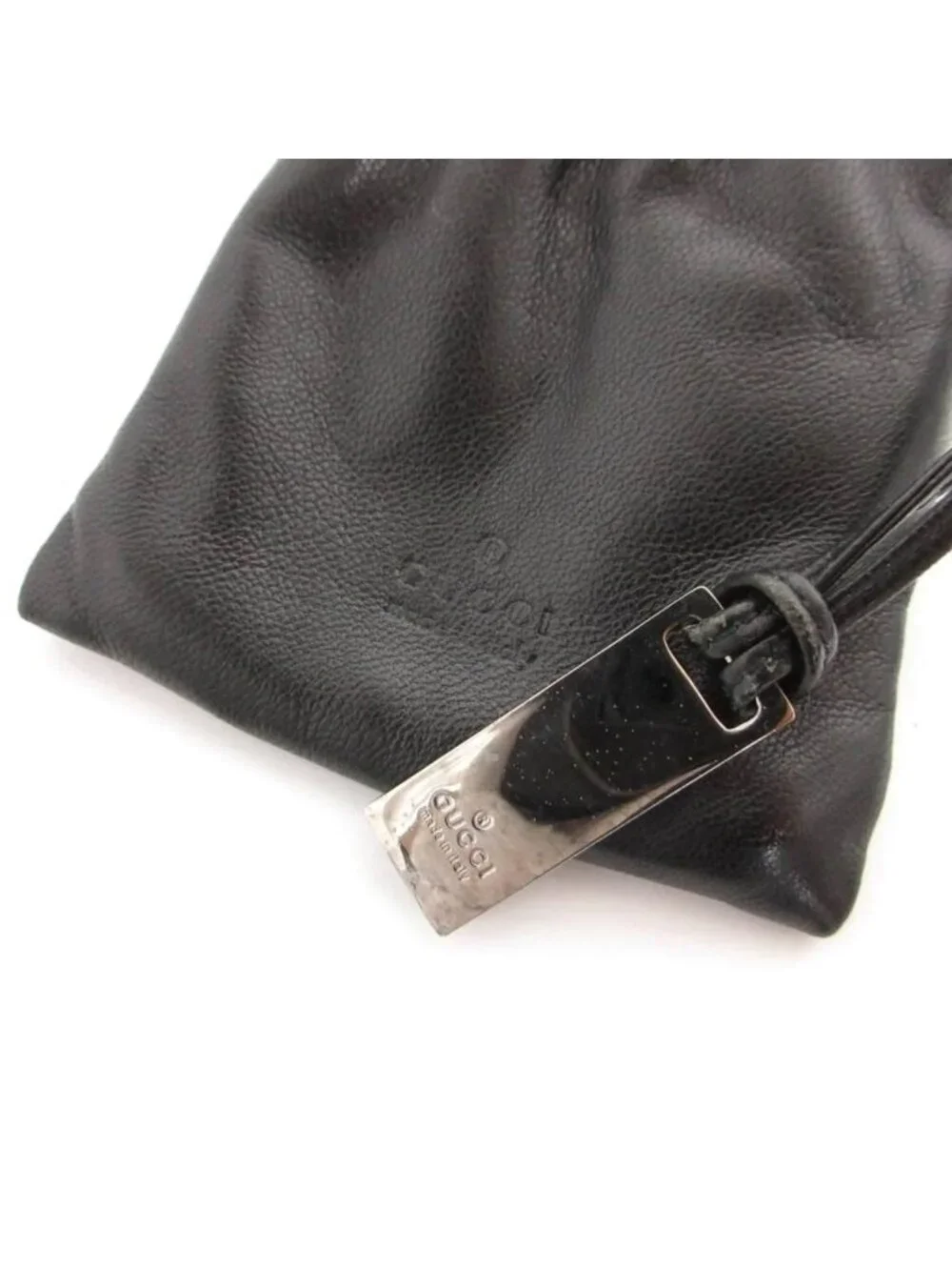 Gucci Neck Mini Pochette Mini Pouch Shoulder Bag Drawstring Leather Plate Black